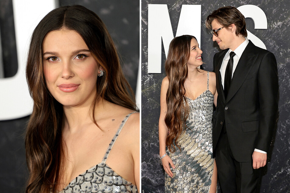 Millie Bobby Brown (l.) opened up about wedding planning with fiancé Jake Bongiovi at the premiere of her new movie, Damsel.