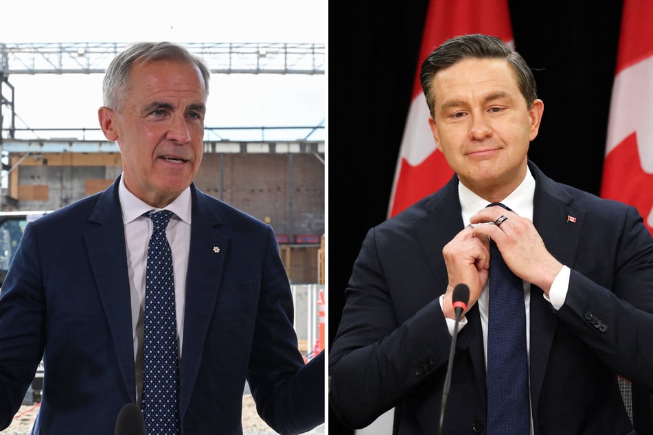 Canadian Opposition Leader Pierre Poilievre (r) demanded there be "no more caving" into US trade demands by Prime Minister Mark Carney (l).