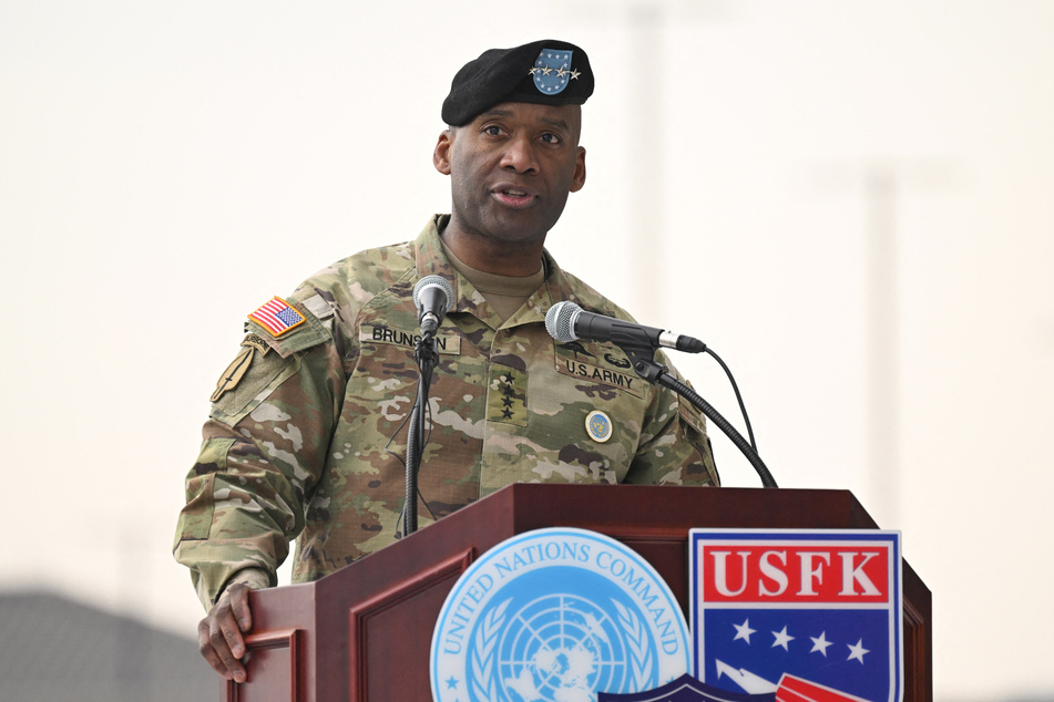 General Xavier T. Brunson speaks during a change-of-command ceremony for the United Nations Command, Combined Forces Command, and United States Forces Korea at Camp Humphreys in Pyeongtaek on December 20, 2024.