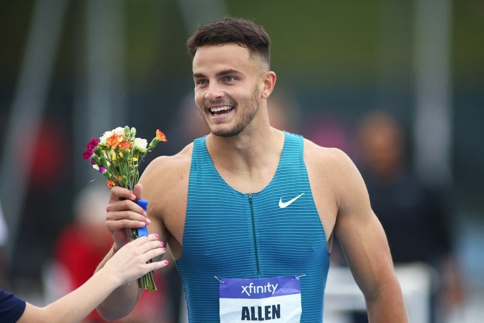 Devon Allen celebrated after winning the Men's 110-meter hurdle race during the New York Grand Prix on Sunday.