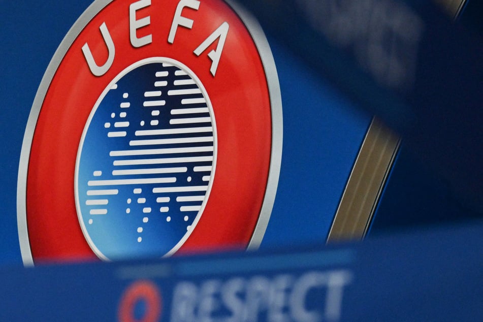 This photograph shows the UEFA logo displayed at the end of the 2025-2026 UEFA Europa League draw at the House of European Football in western Switzerland on February 27, 2026