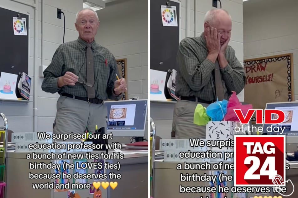 This tie-loving professor was gifted with a bunch of new ties from his students on his birthday.