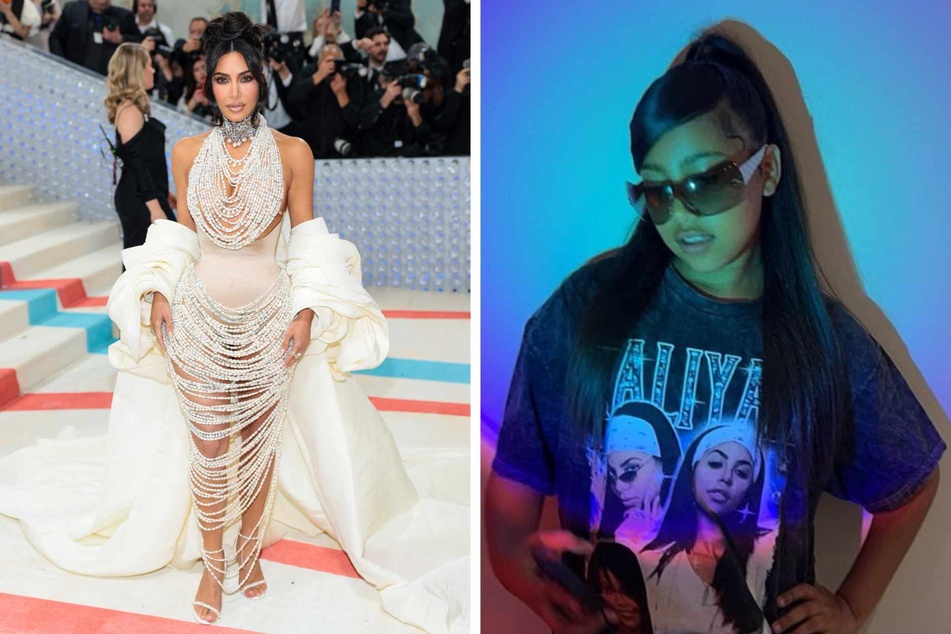 Kim Kardashian's (l.) 2023 Met Gala outfit got brutally roasted by daughter North West (r.) in a hilarious clip that's going viral!