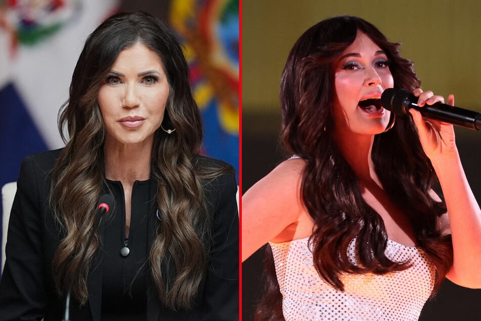 Kacey Musgraves took a major swipe at Kristi Noem (l.) with a reference to the former DHS head's admission that she shot her family's dog.