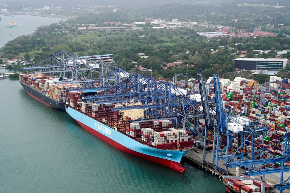 An aerial photo shows cargo vessels docked at Balboa Port, operated by Panama Ports Company, at the Panama Canal.