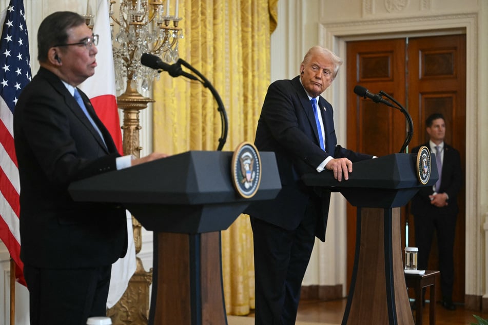 US President Donald Trump (r.) and Japanese Prime Minister Shigeru Ishiba (l.) hold a joint press conference following talks, in the East Room of the White House in Washington, DC, on February 7, 2025.