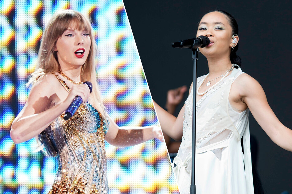 Taylor Swift (l) gave a shout-out to English singer-songwriter Griff in a new Instagram story.