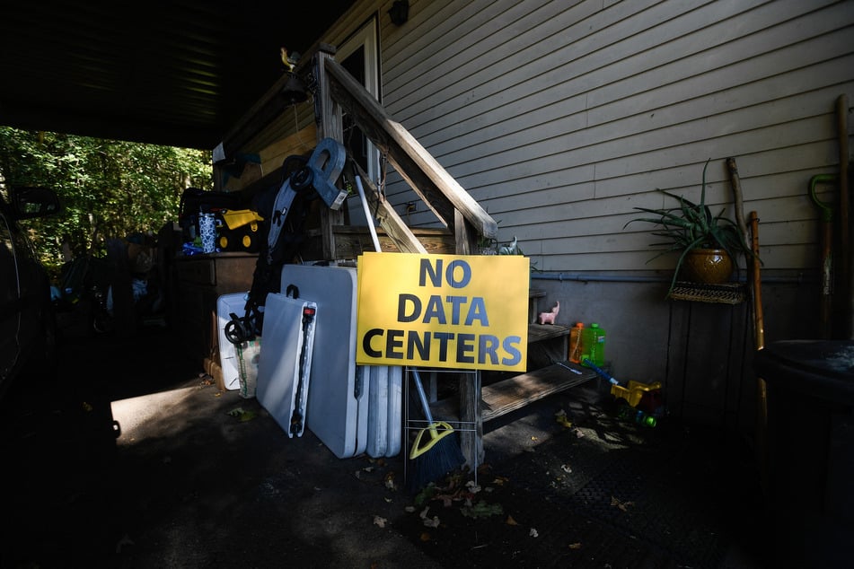 A "No Data Centers" sign is seen at Annie Vinatieri's property near the proposed "Project Hazelnut" in Sugarloaf Township, Pennsylvania, on October 6, 2026.