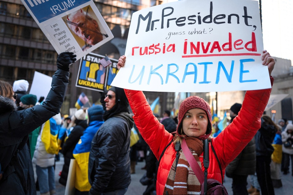Demonstrators rally downtown to show their support for Ukraine on March 02, 2025 in Chicago, Illinois.
