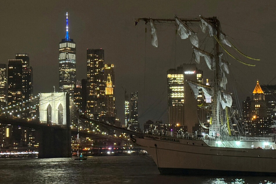 A Mexican Navy training ship is seen damaged after it ran into the Brooklyn Bridge in New York City on May 17, 2025.