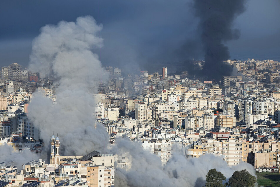 Plumes of smoke rise from the sites of Israeli airstrikes on the southern suburbs of Beirut, Lebanon, on March 3, 2026.