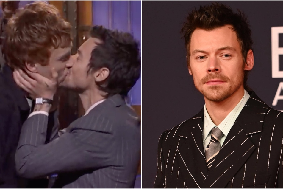 Harry Styles kissed SNL star Ben Marshall (l.) while addressing those "queerbaiting" allegations.