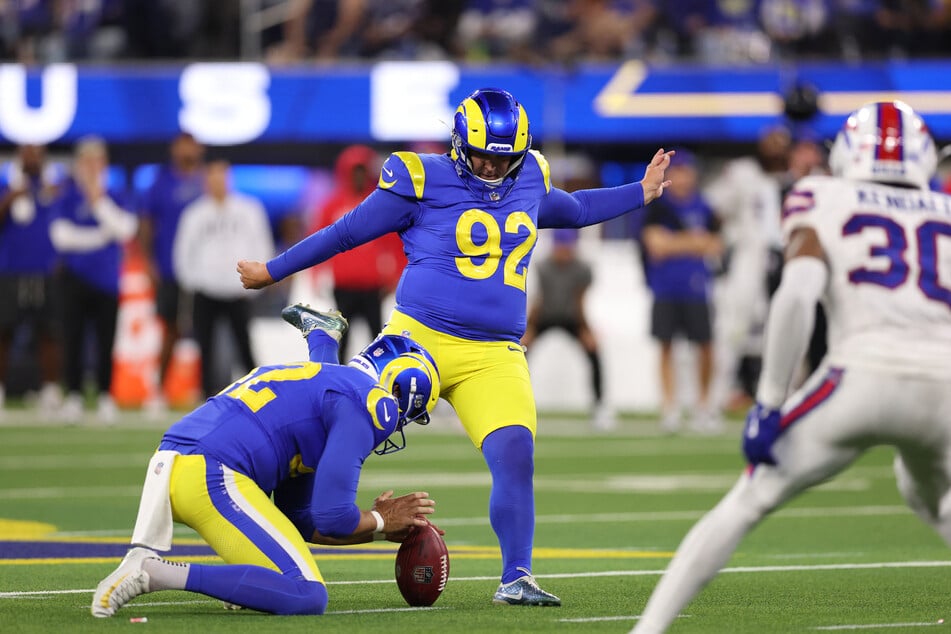 Harrison Mevis of the Los Angeles Rams attempts to kick a field goal against the Buffalo Bills during overtime at SoFi Stadium on October 12, 2026. He has since been released after a series of errors.