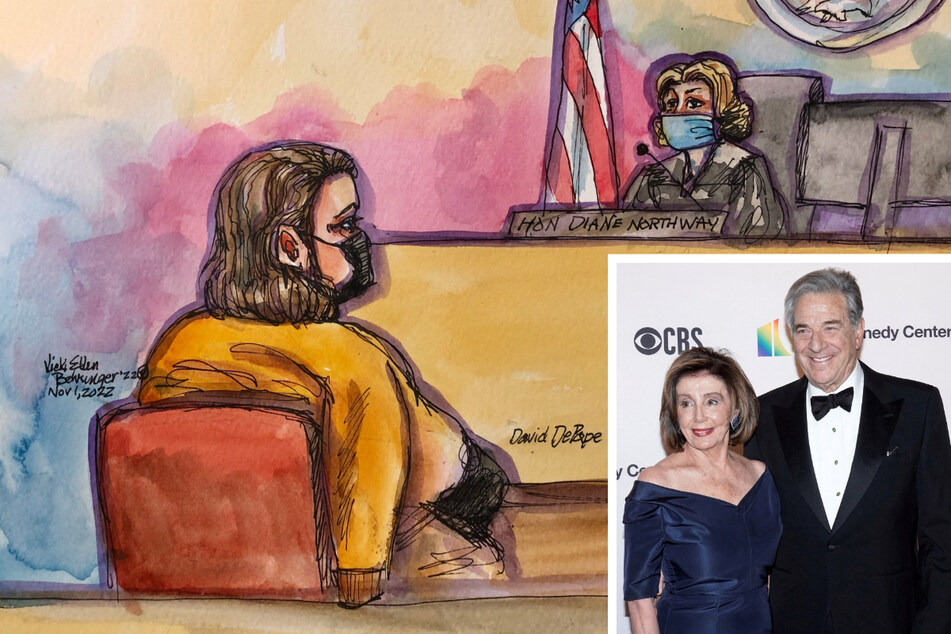 As depicted in a courtroom sketch, David DePape wore his arm in a sling appearing before San Francisco Superior Court Judge Diane Northway at the criminal courts in San Francisco on Tuesday, after being charge with breaking into US House Speaker Nancy Pelosi's (inset) home and clubbing her husband Paul in the head with a hammer.