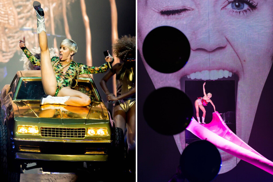 Miley Cyrus performing in epic outfits and thrilling set pieces on her Bangerz Tour.