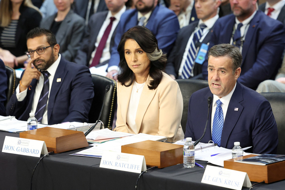 From l. to r.: FBI Director Kash Patel, Director of National Intelligence Tulsi Gabbard, and CIA Director John Ratcliffe testify before a Senate Intelligence Committee hearing on worldwide threats.