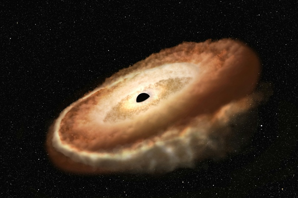 This sequence of artist's illustrations shows how a black hole can devour a bypassing star. The star is shredded as tidal forces pull it apart.
