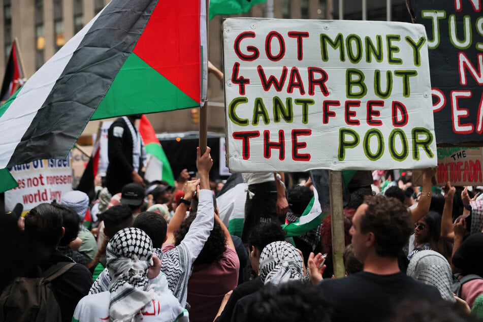 Palestine solidarity protesters gather outside the Newscorp headquarters in New York City on October 7, 2025.