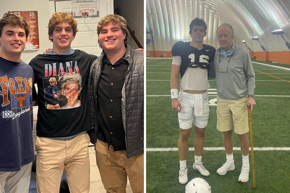 Texas Longhorns freshman quarterback Arch Manning (center l) has ended his social media silence.