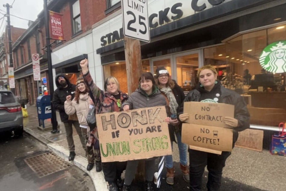 Starbucks workers in Pittsburgh, Pennsylvania, hold the line during the Double Down Strike on December 16, 2022.