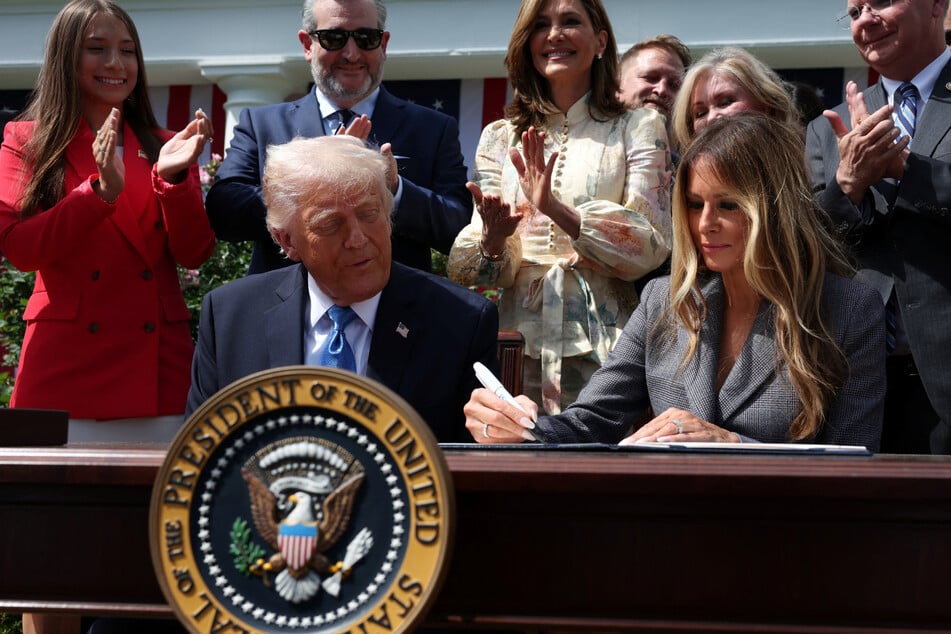 First Lady Melania Trump (r.) endorsed the Take It Down Act in early March and attended Monday's signing ceremony alongside her husband.