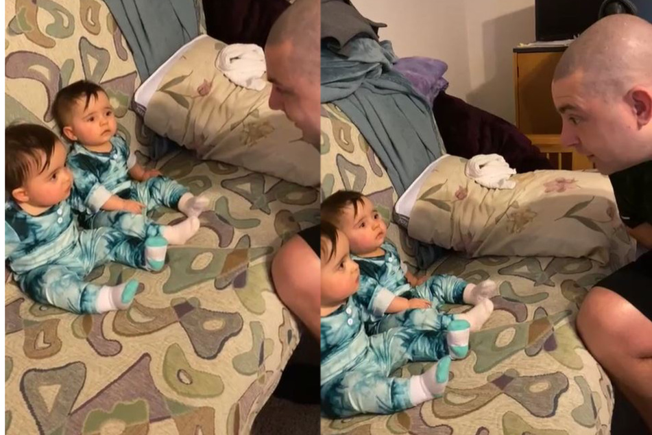 The twin sisters are terrified of this "stranger" (collage).