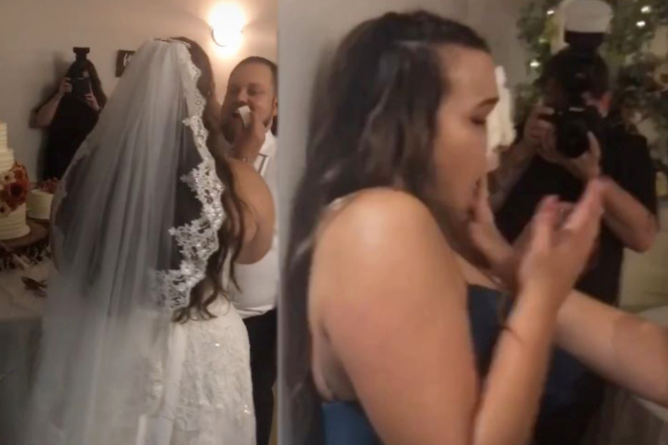 Maid of honor gets the first slice of the wedding cake – in her face!