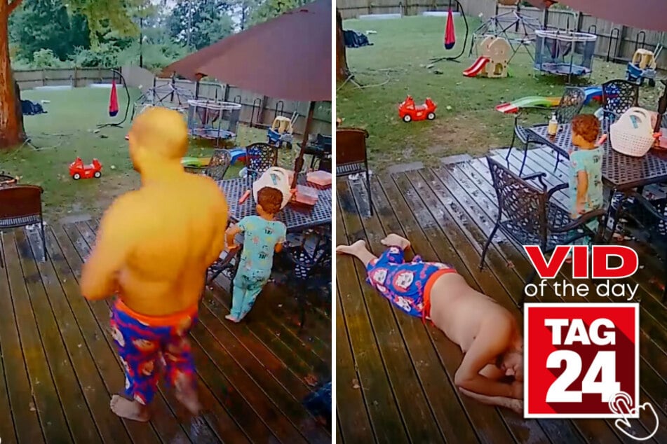 This dad slipped and took two hard falls on his rain-soaked back porch – all while his toddler son casually watches like absolutely nothing happened.