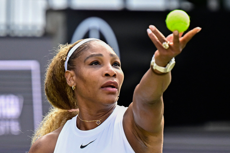 Serena Williams serves the ball during a women's doubles round of 16 match at the WTA500 Berlin Tennis Open tournament on June 16, 2026.