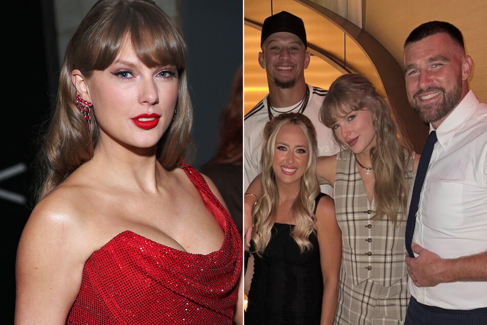 Taylor Swift (l.) was seen with Travis Kelce (r.) post-game party following her unusual disguise at Arrowhead Stadium on Sunday.