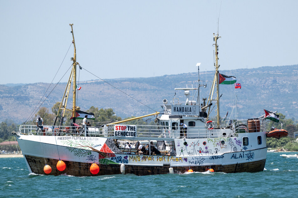 The Freedom Flotilla ship Handala is pictured leaving for Gaza at a port in Syracuse, Sicily, southern Italy, on July 13, 2025.