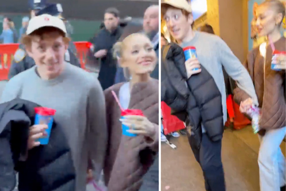 Ariana Grande (r.) took pics with fans while hand-in-hand with Ethan Slater (l.) in New York City over the weekend.