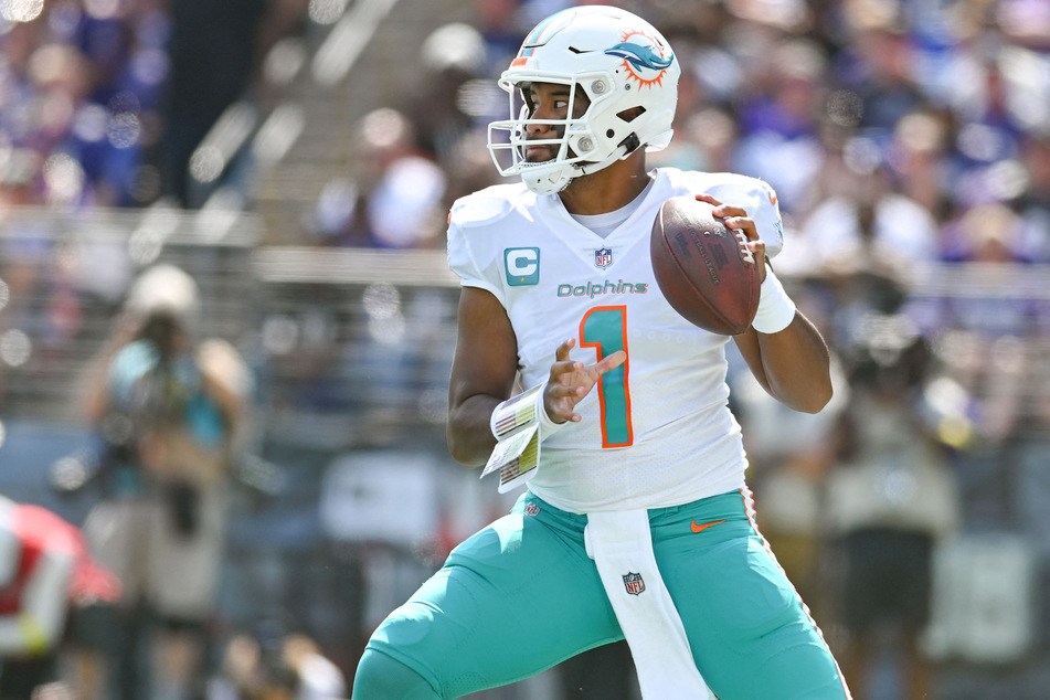 Miami Dolphins quarterback Tua Tagovailoa drops back to pass during the first half against the Baltimore Ravens at M&T Bank Stadium.