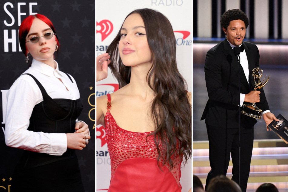 Billie Eilish (l.) and Olivia Rodrigo (c.) are set to perform at the 2024 Grammy Awards, hosted by comedian Trevor Noah (r.)