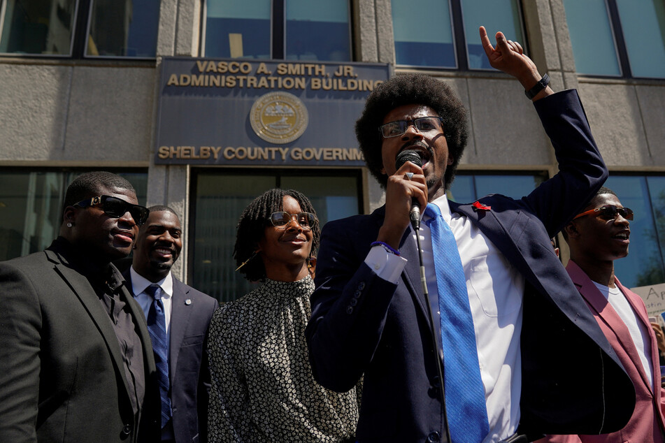 Tennessee state Rep. Justin Pearson speaks to supporters after a vote for his reinstatement by the Shelby County Commission.