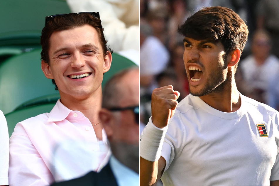 Carlos Alcaraz (r.) challenged Tom Holland to a game of golf after the defending Wimbledon champion powered into the semi-finals on Tuesday.