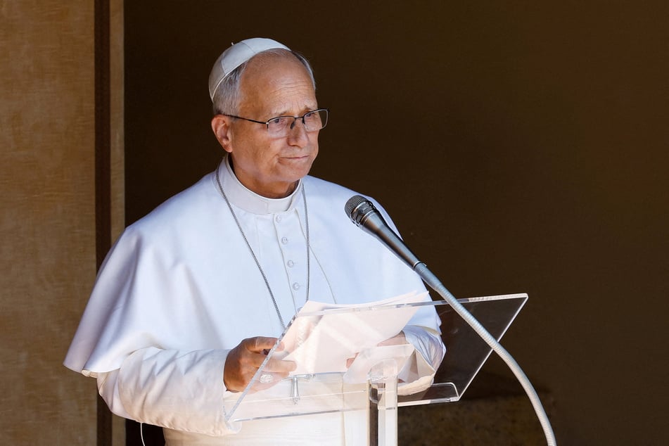 Pope Leo leads the Angelus prayer in Piazza della Liberta in Castel Gandolfo, near Rome, Italy, on August 16, 2026.