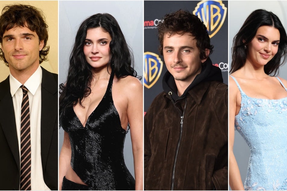 Kendall Jenner (far r) and Jacob Elordi (far l) were captured hanging out with Kylie Jenner (center l) and Timothée Chalamet (center r) recently.