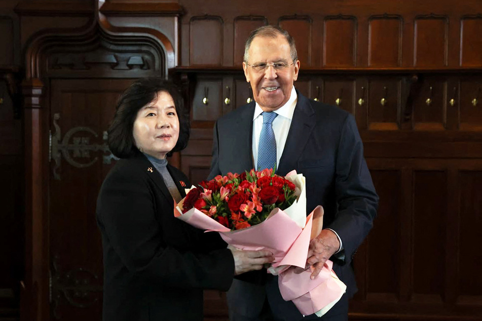 Russian Foreign Minister Sergey Lavrov (r) greets North Korean Foreign Minister Choe Sun-Hui (l) in Moscow on Monday.