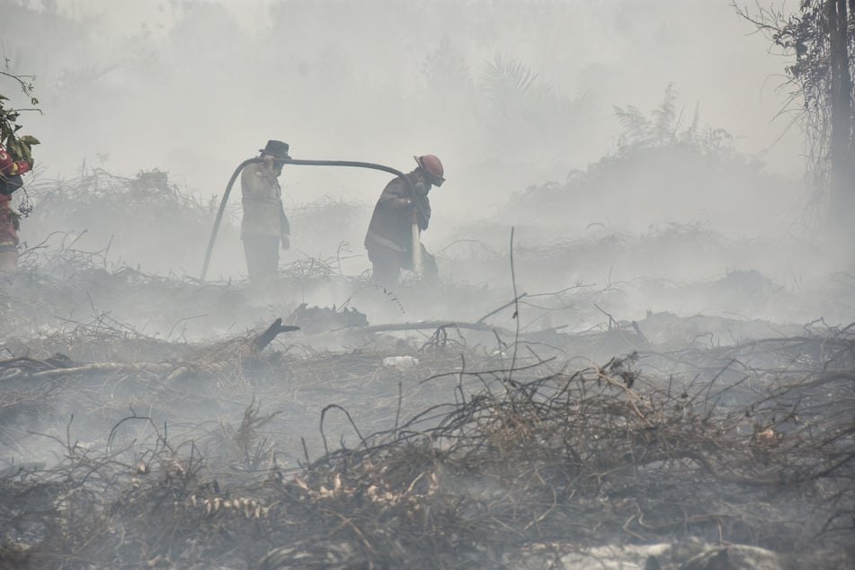 A peatland firefighting task force extinguishes a fire in the Tambang area of Kampar, in the Riau province on August 27, 2026.