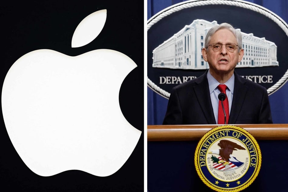 Attorney General Merrick Garland (r.) speaks during a news conference at the Department of Justice Building on Thursday in Washington, DC after Apple was sued by the US Department of Justice for allegedly maintaining a monopoly with the iPhone.