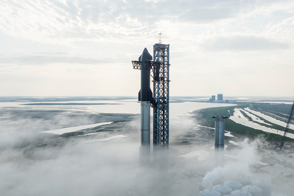SpaceX Starship's full stack is seen on its launchpad near Brownsville, Texas.