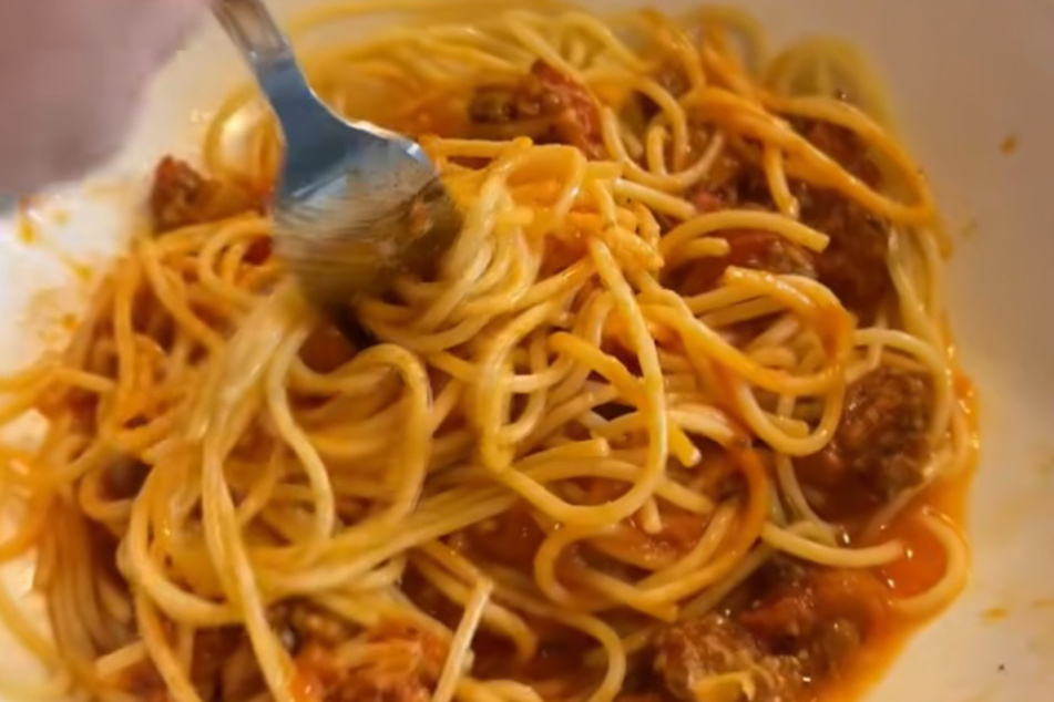 No wonder the dog gets angry – everyone has yummy noodles, except him!