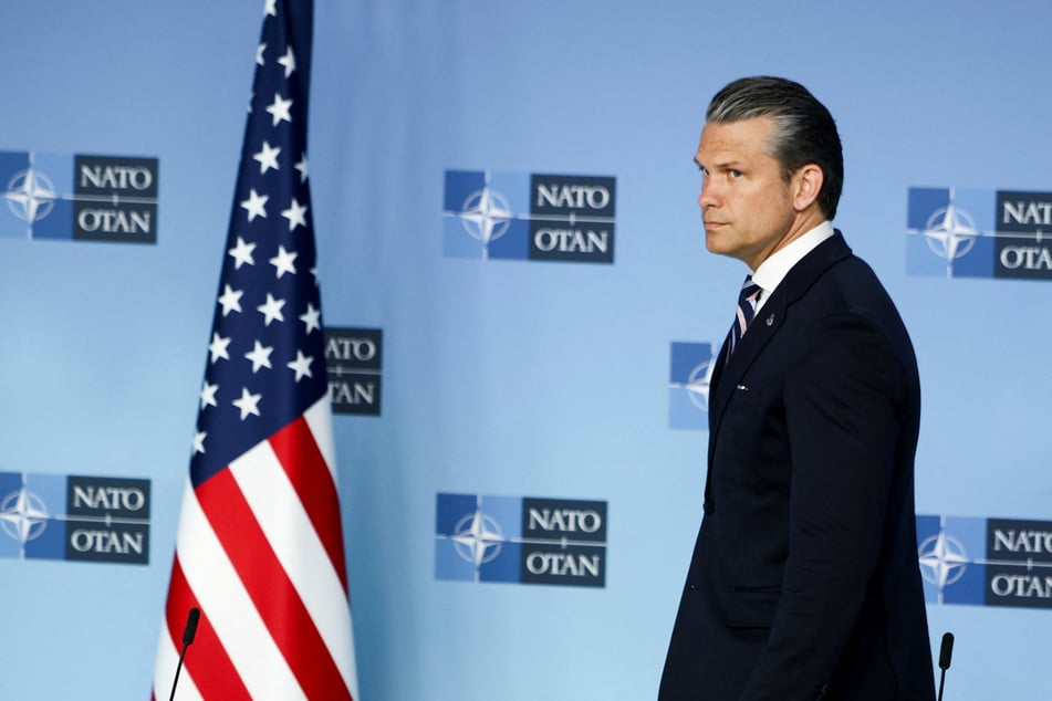 US Defense Secretary Pete Hegseth talks to the media on the day of a meeting of NATO defense ministers at the alliance's headquarters in Brussels, Belgium, on June 18, 2026.