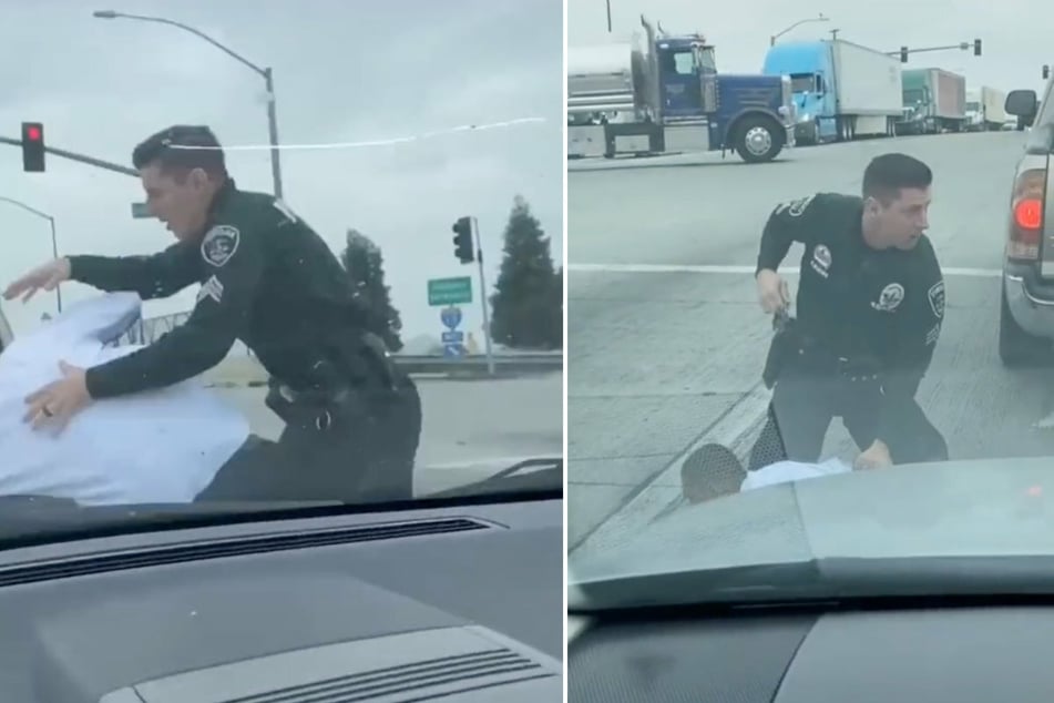 It doesn't take long for the man to be thrown to the ground by a police officer.