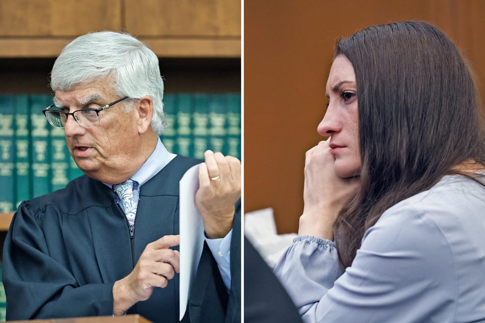 Judge William Sullivan (l.) is seen in court during Lindsay Clancy's murder trial in Plymouth, Massachusetts.