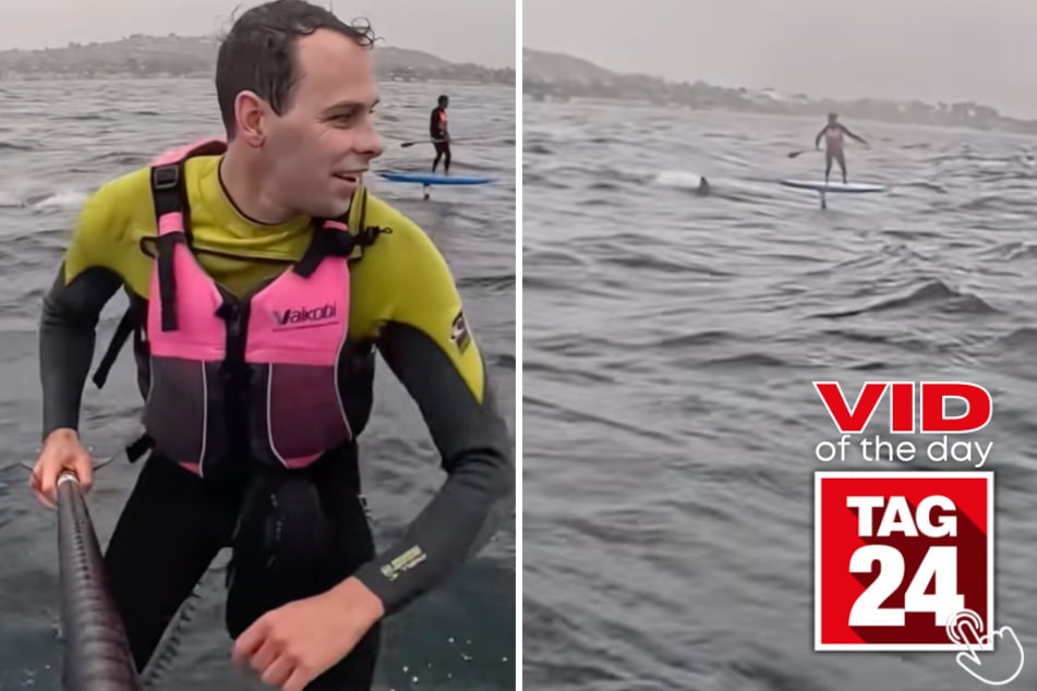 A relaxing day on the water turned terrifying when a huge fin appeared behind this surfer.