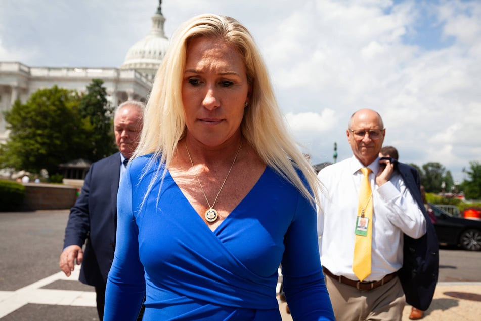 Representative Marjorie Taylor Greene heading to a meeting to discuss her effort to vacate the Speaker of the House in Washington, DC on May 7, 2024.