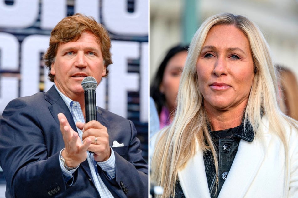 Marjorie Taylor Greene (r.) and Tucker Carlson (l.) recently announced they are leaving the Republican Party amid their public feuds with President Donald Trump.