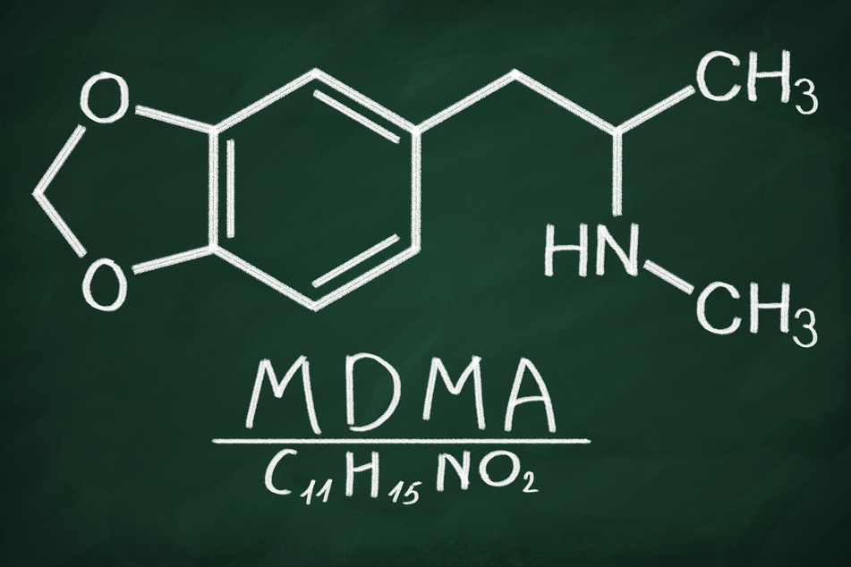 Structural model of methylenedioxymethamphetamine, known as MDMA or ecstasy.